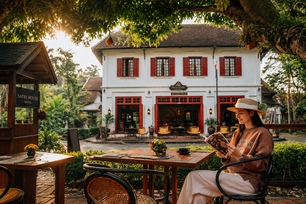 A woman reading a book at a cafe terrace in front of a colonial-style hotel
