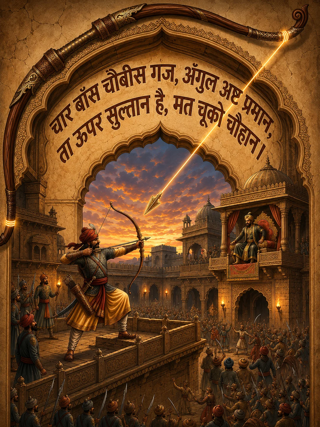 Char bans, chaubis gaj, angul ashta praman, Ta upar sultan hai, mat chuko Chauhan.