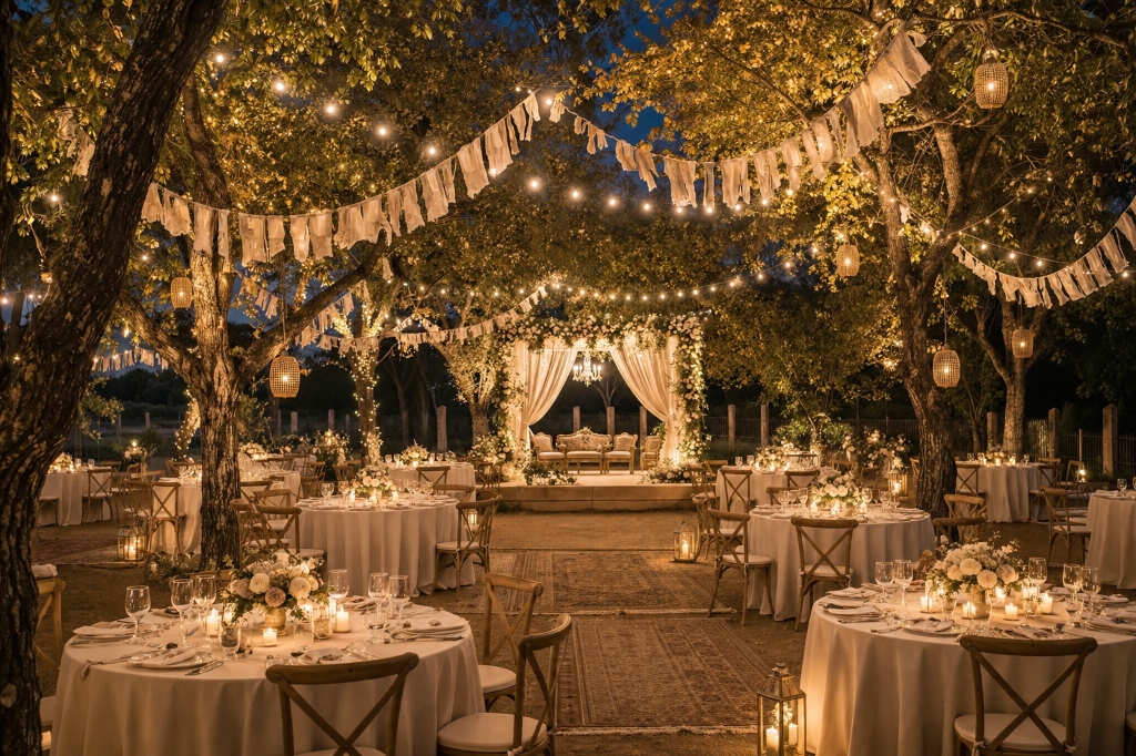 Royal outdoor evening reception setup